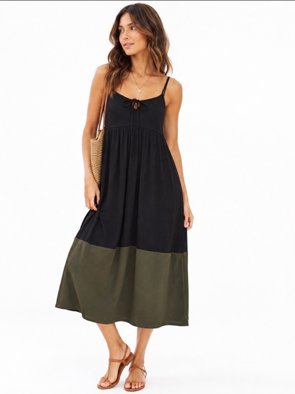 Tomas Maier x Uniqlo Collaboration Black & Olive  Boho Earthy Midi Dress Size L